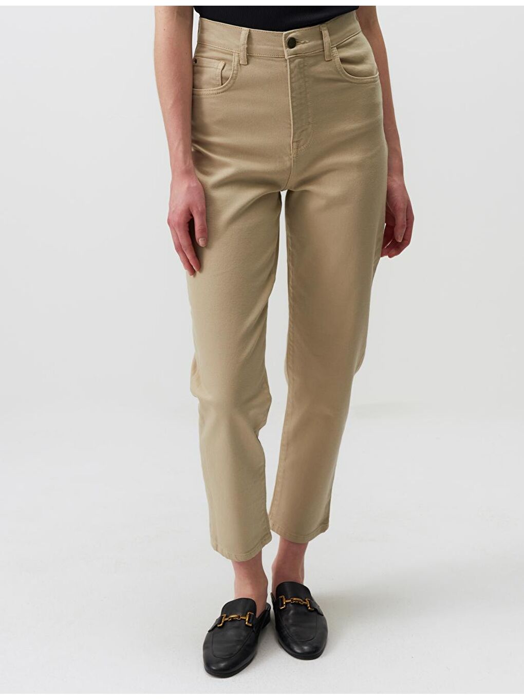 Bej Yüksek Bel Cepli Jean Pantolon-3