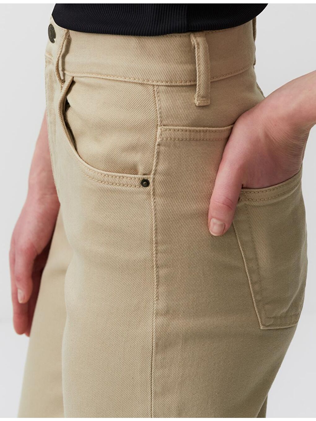 Bej Yüksek Bel Cepli Jean Pantolon-4