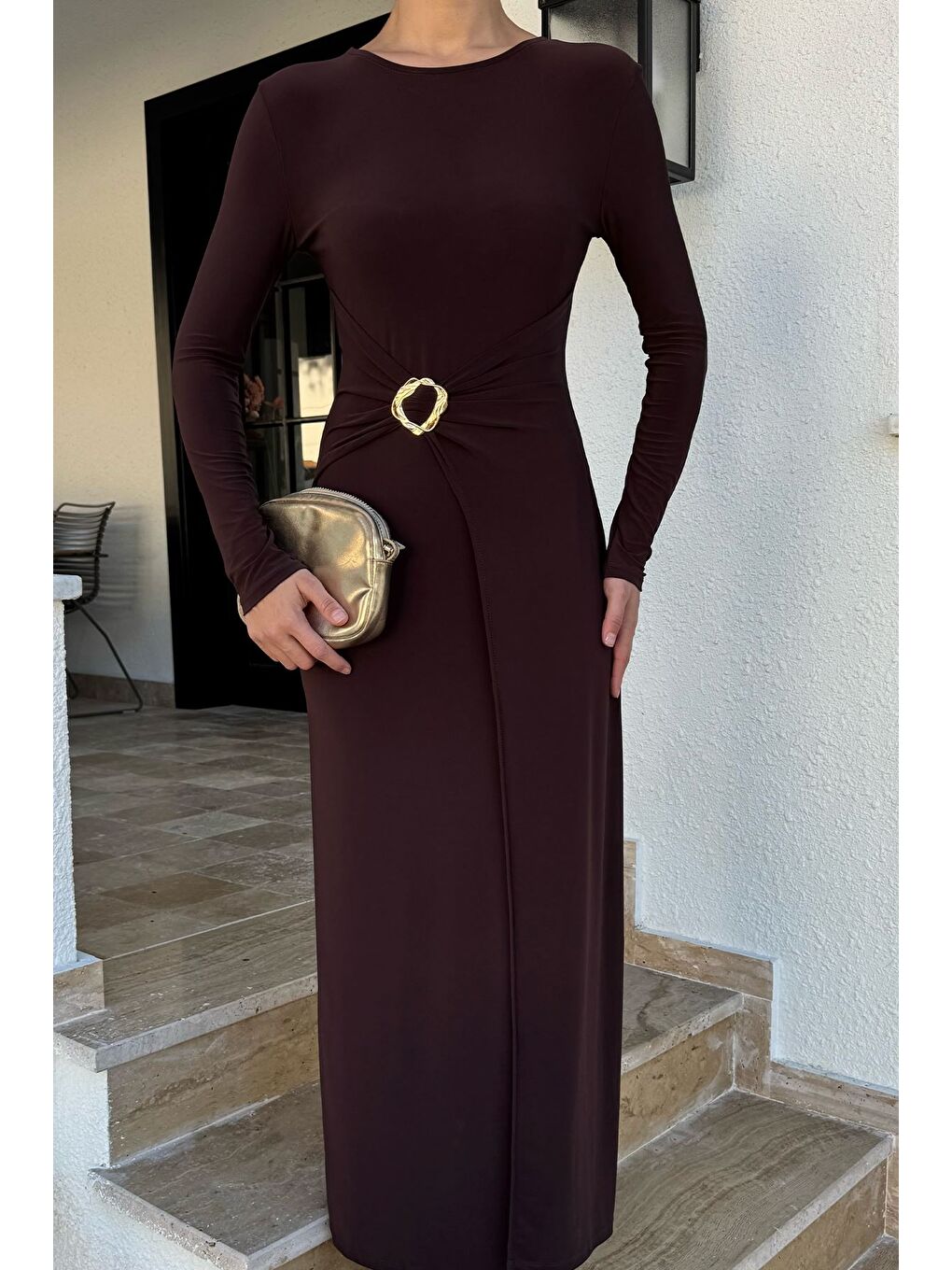 Kahverengi Kadın Bel Tokalı Elbise-1