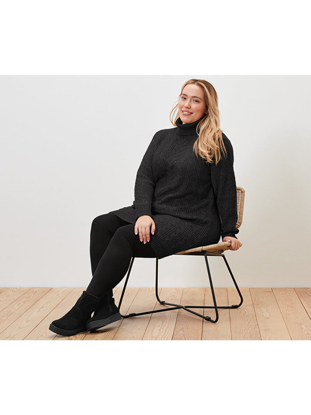 Kadın Kazak, Uzun, Saç Örgü, Siyah-2