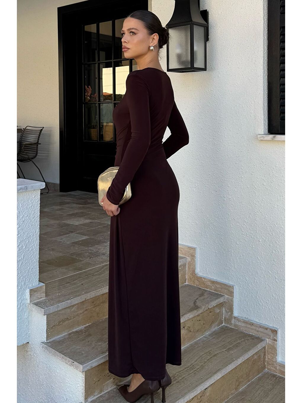 Kahverengi Kadın Bel Tokalı Elbise-3