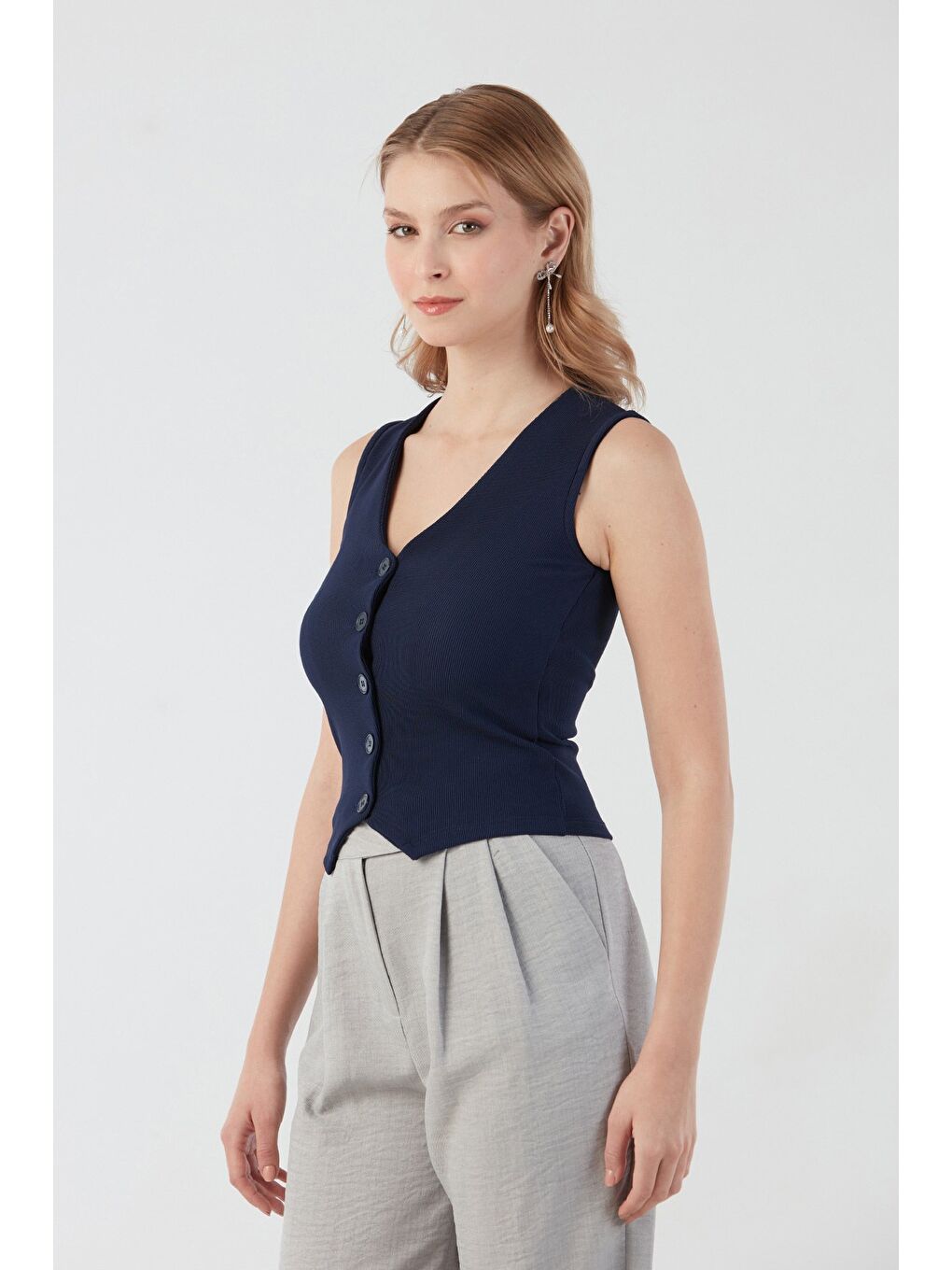 Lacivert Düğmeli V Yaka Sıfır Kol Yelek-1