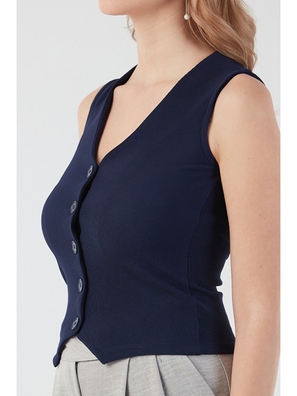 Lacivert Düğmeli V Yaka Sıfır Kol Yelek-4