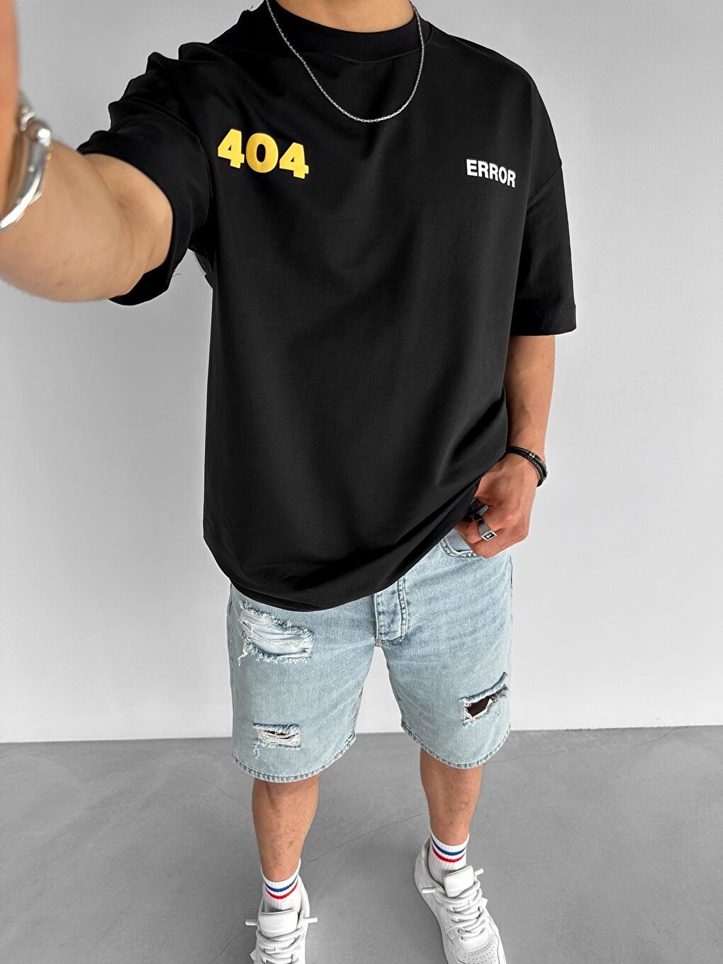 Erkek Oversize Distressed Jean Şort Açık Mavi-1