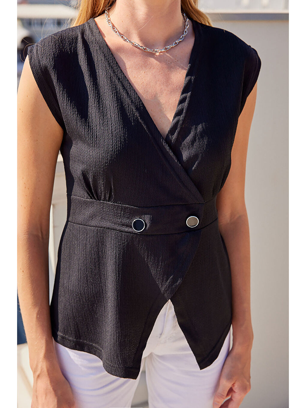 916 Düğme Detaylı Örme Yelek - Siyah-3