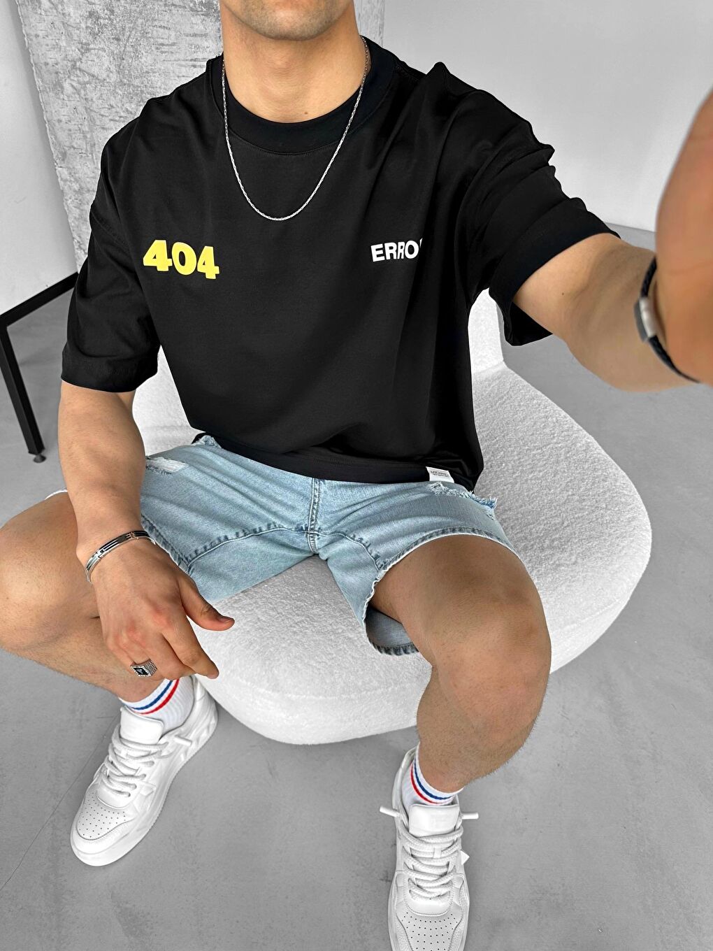 Erkek Oversize Distressed Jean Şort Açık Mavi-2