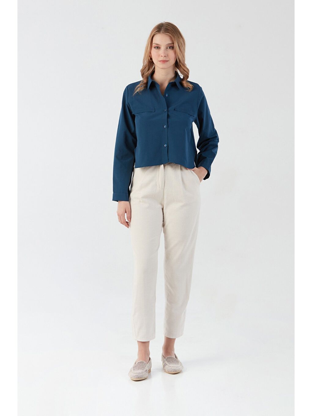 Bej Fermuarlı Cepli Keten Pantolon