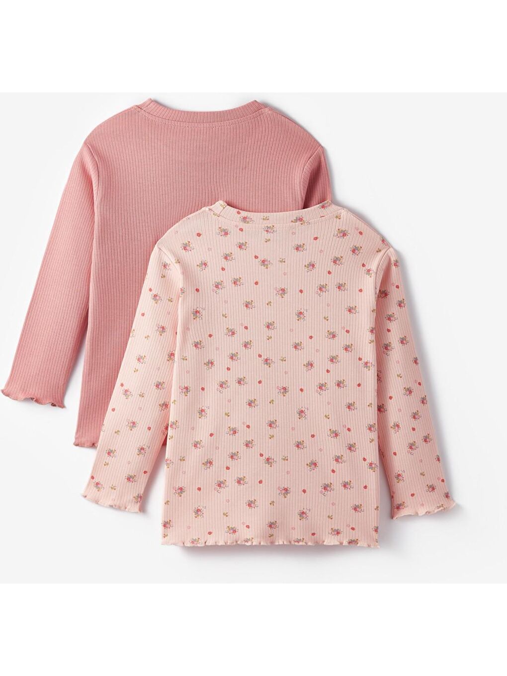 Pembe Kız Cocuk 2Li Nakışlı Ve Basic Uzun Kol Tshirt-1