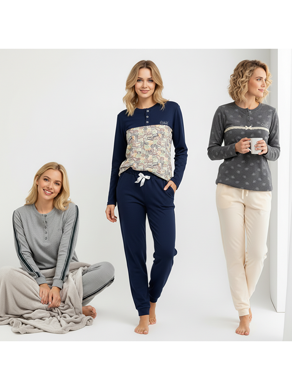 Karışık Kadın Pamuklu 3 Adet 2'Li Pijama Takımı Bb2216