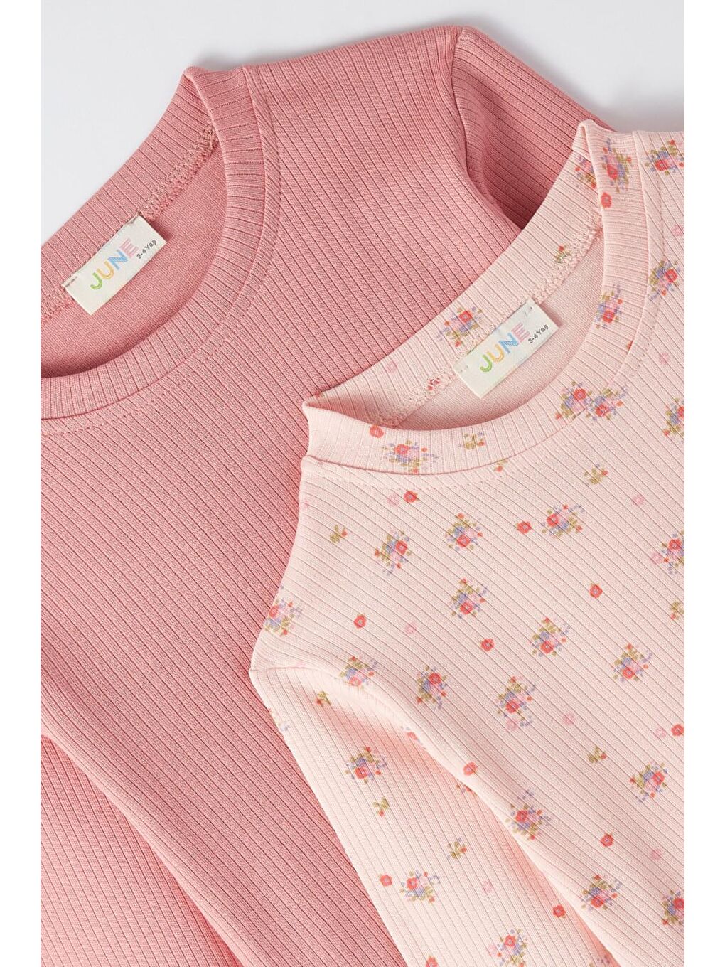 Pembe Kız Cocuk 2Li Nakışlı Ve Basic Uzun Kol Tshirt-3