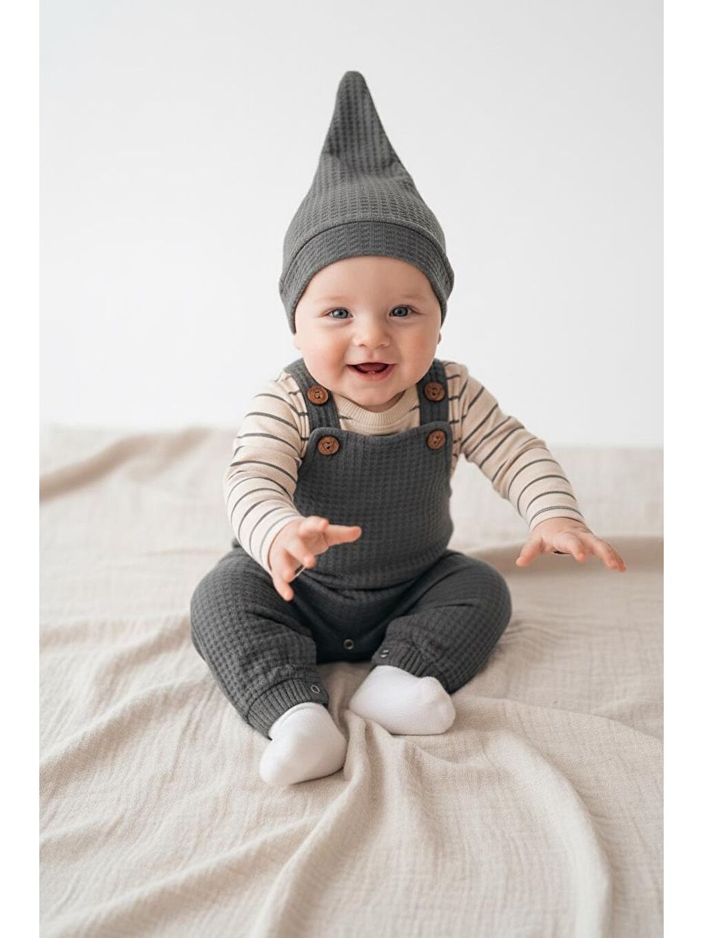 Bej Elastanlı Gofre Salopet Sweat Bere 3lü Takım-2