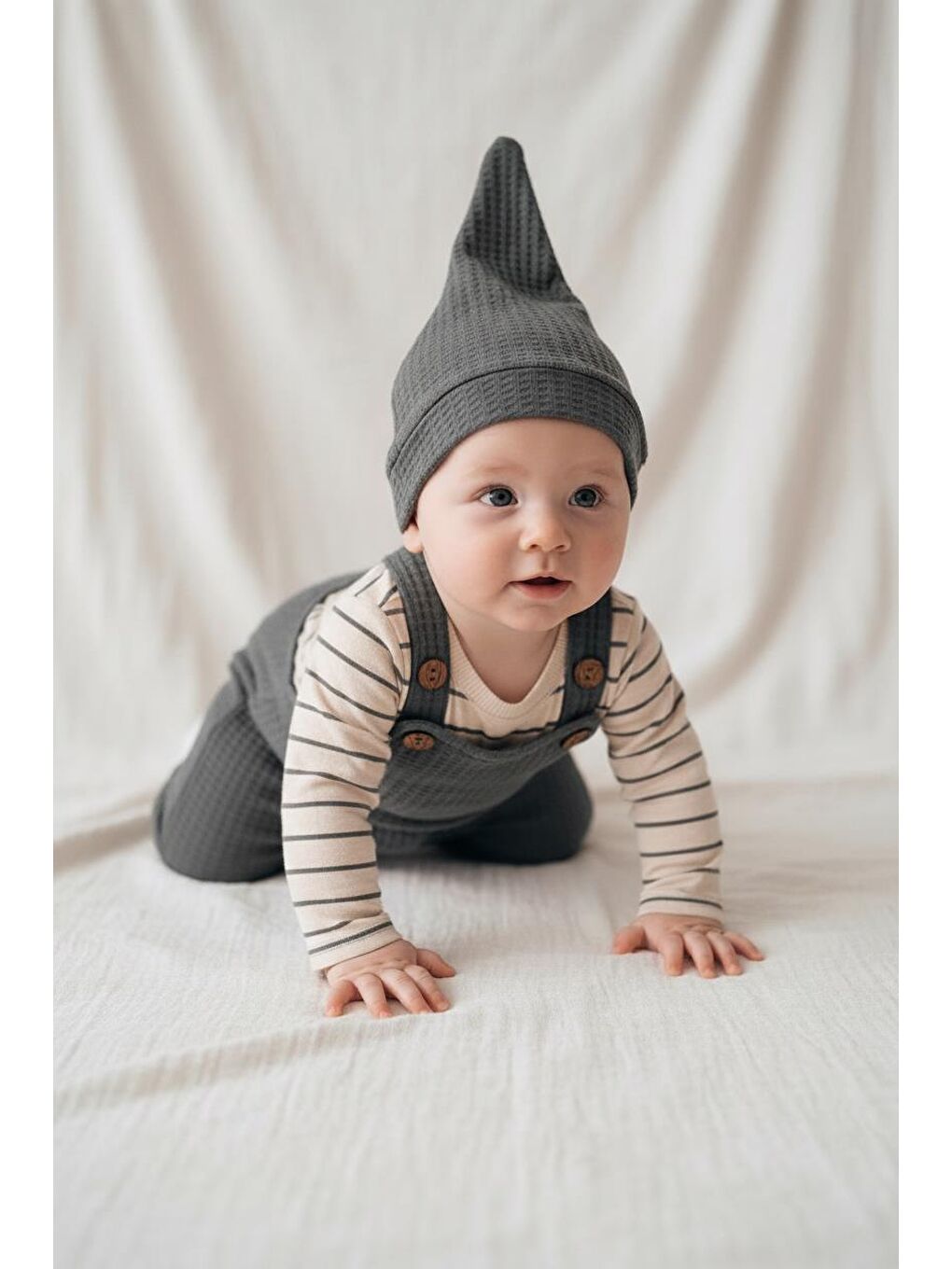 Bej Elastanlı Gofre Salopet Sweat Bere 3lü Takım-3