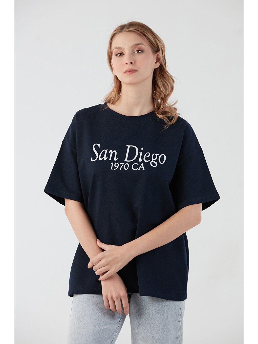 Lacivert San Diego Baskılı Oversize Tişört
