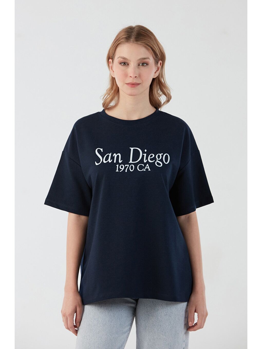Lacivert San Diego Baskılı Oversize Tişört-1