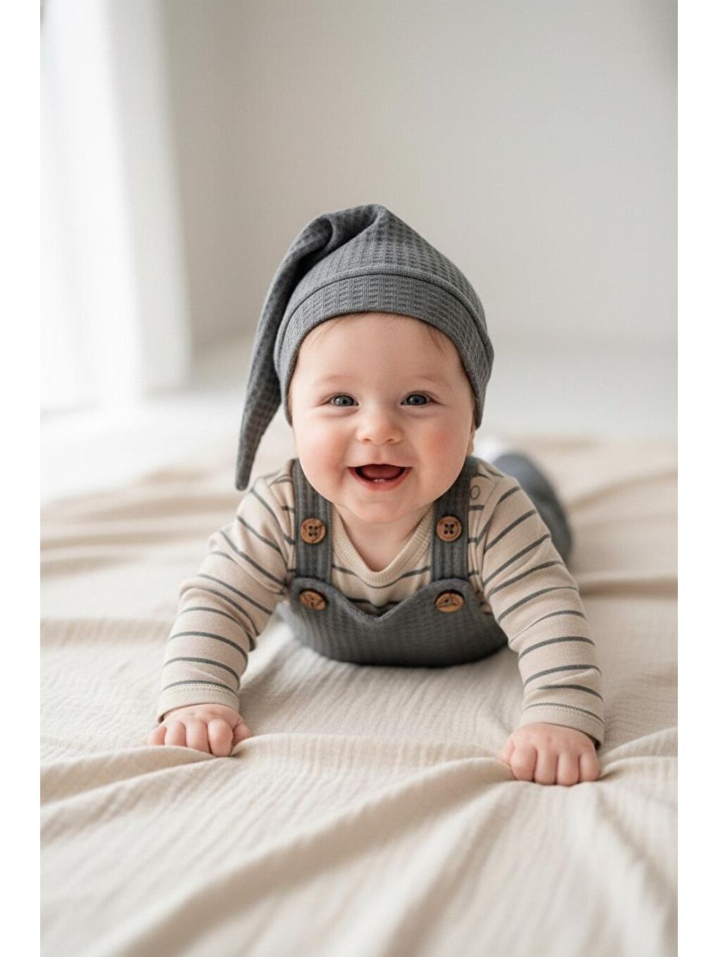 Bej Elastanlı Gofre Salopet Sweat Bere 3lü Takım-4