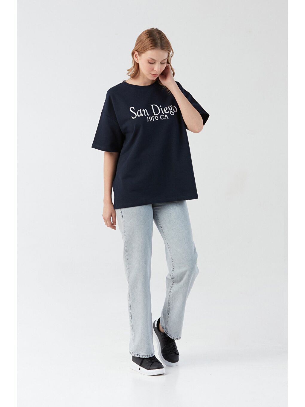 Lacivert San Diego Baskılı Oversize Tişört-3