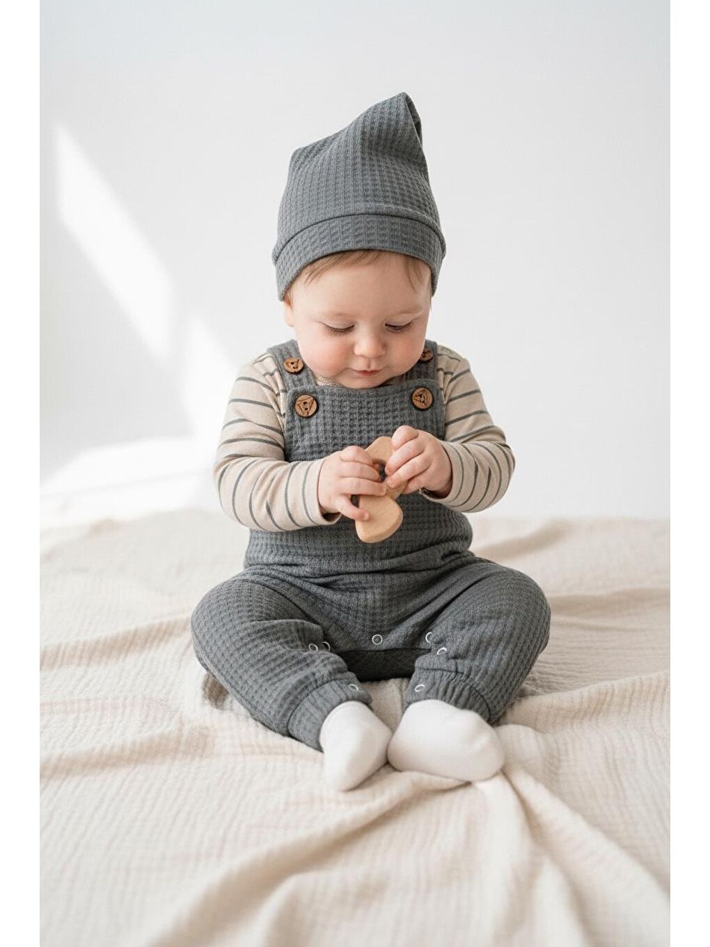 Bej Elastanlı Gofre Salopet Sweat Bere 3lü Takım-5