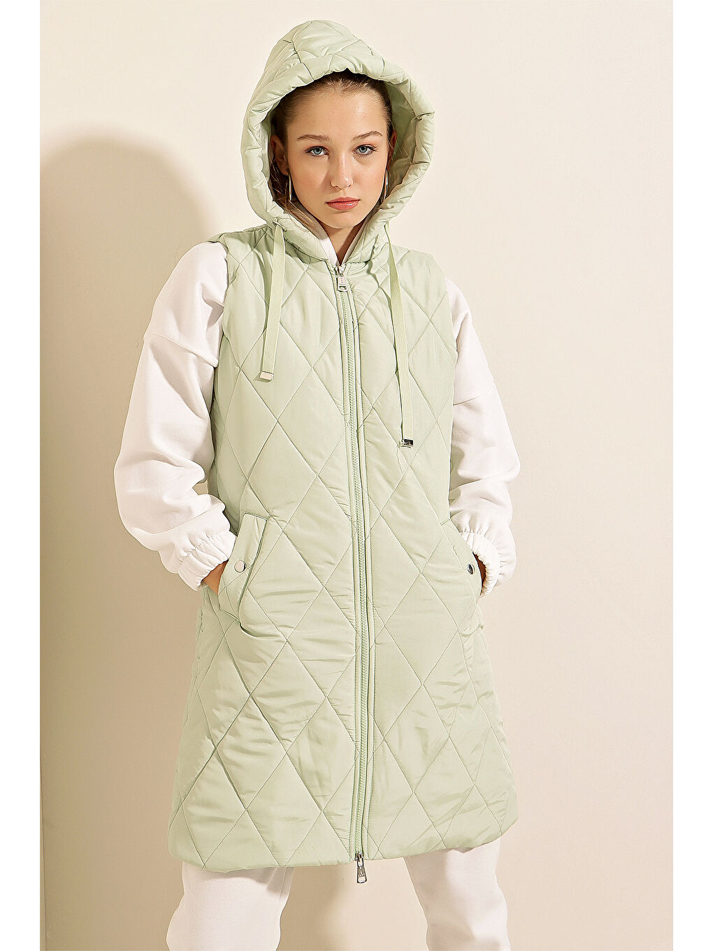 Yeşil 5140 Kapüşonlu Uzun Şişme Yelek   Mint-4