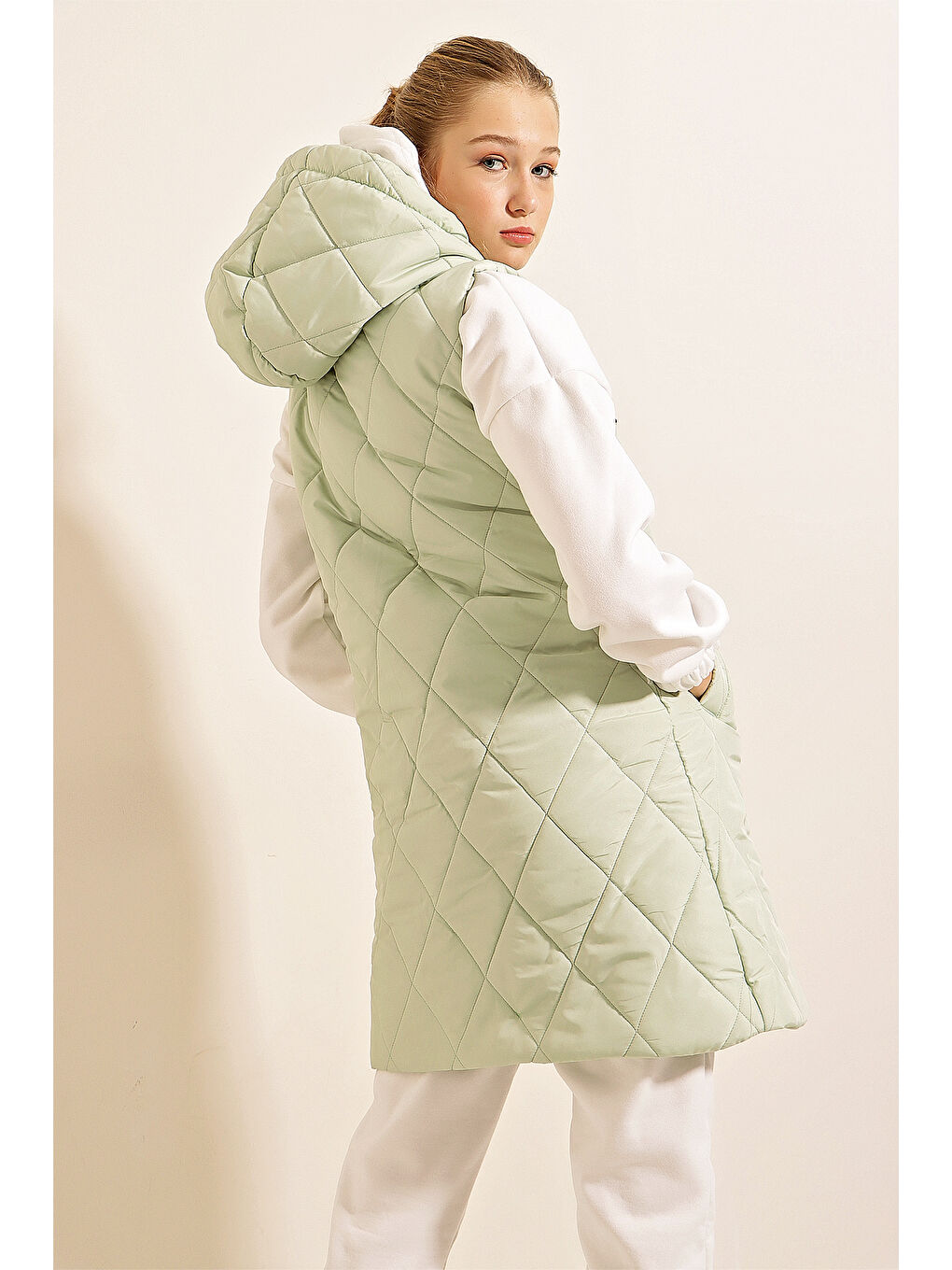 Yeşil 5140 Kapüşonlu Uzun Şişme Yelek   Mint-5