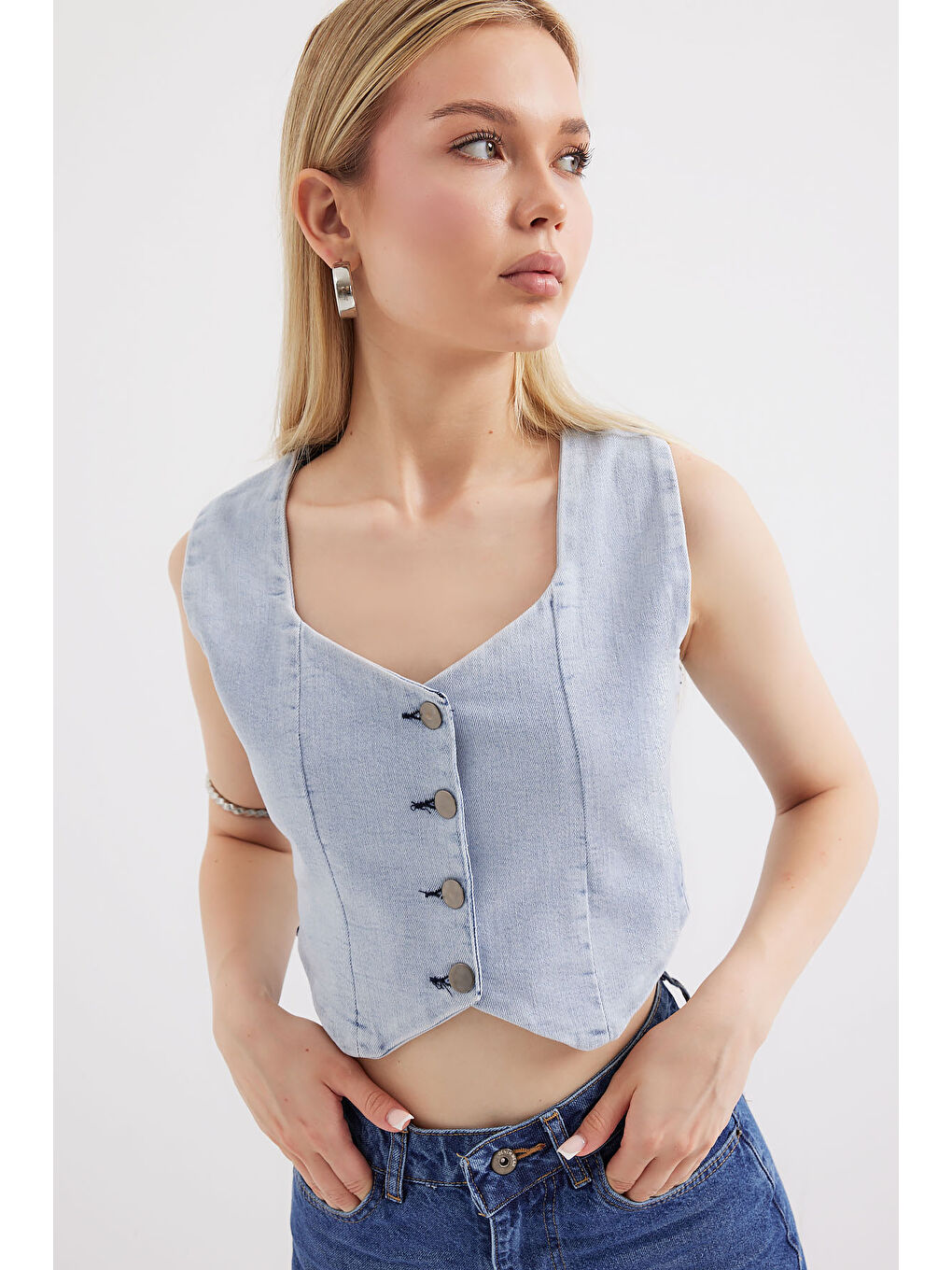 6797 Crop Jean Yelek   Mavi