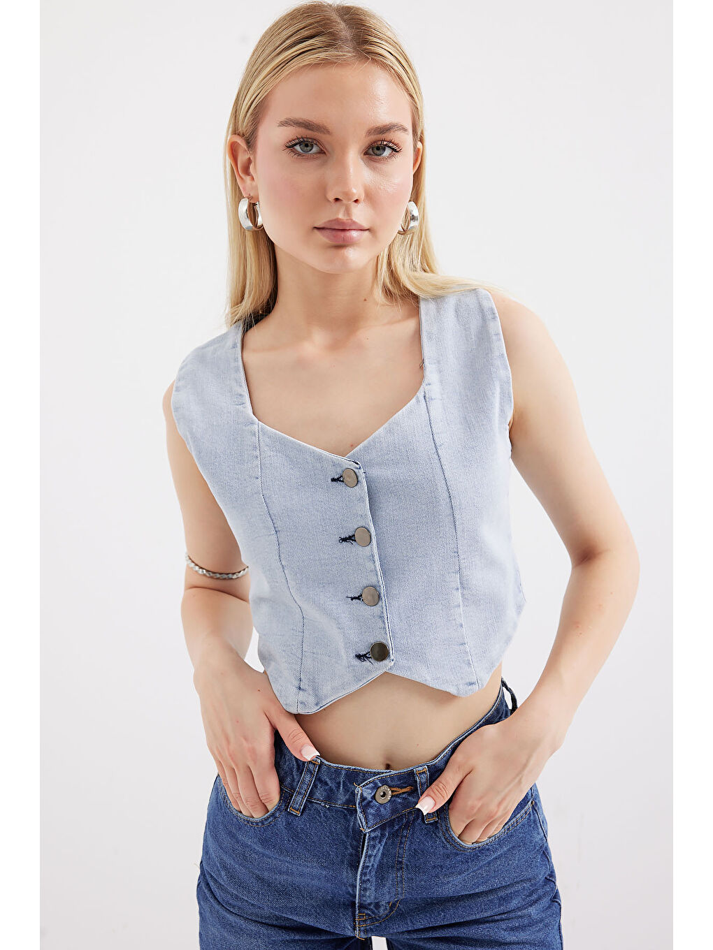 6797 Crop Jean Yelek   Mavi-3