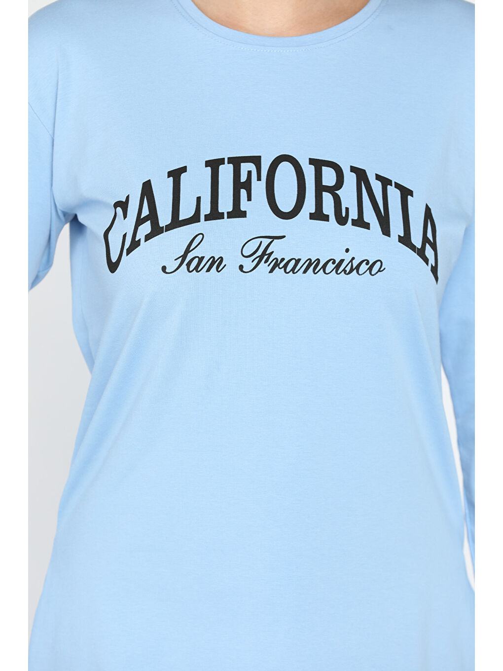 GÜLSELİ Mavi California Baskılı Bisiklet Yaka Yan Yırtmaçlı Penye Sweatshirt - 2