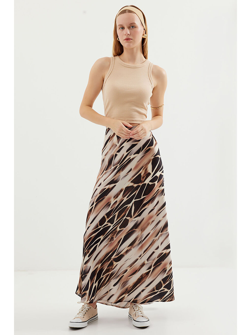 Kadın Desenli Saten Etek 15877 - Ekru-1