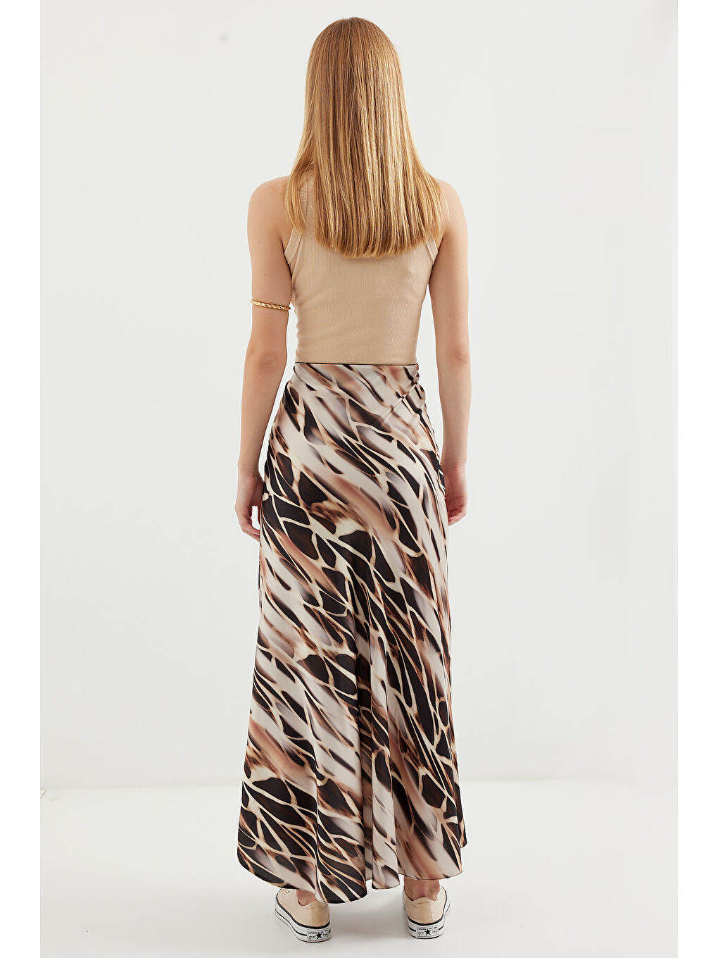 Kadın Desenli Saten Etek 15877 - Ekru-4