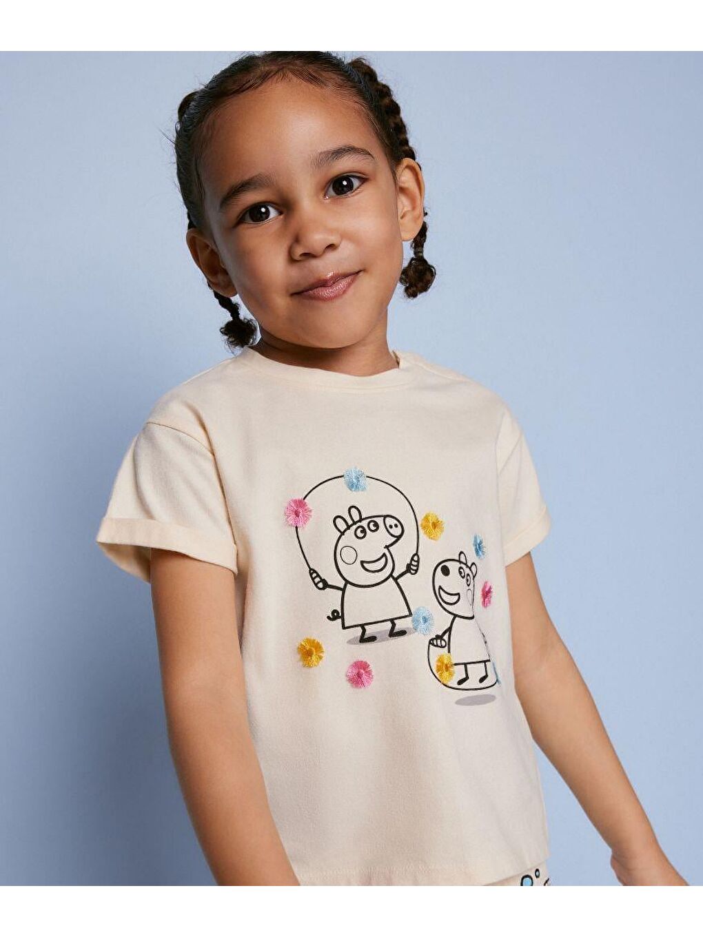Ekru Peppa Desenli Pamuklu T-Shirt Tayt Alt-Üst Takım Kız Çocuk-3