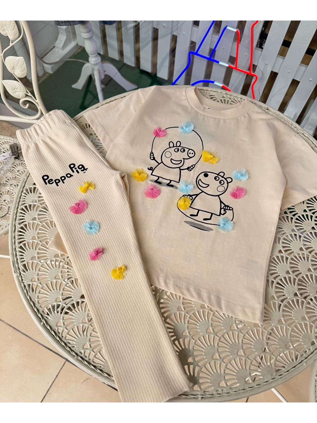 Ekru Peppa Desenli Pamuklu T-Shirt Tayt Alt-Üst Takım Kız Çocuk-4