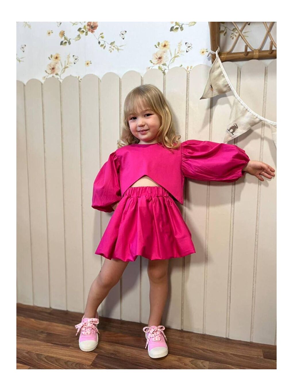 Fuşya Kız Çocuk Pamuklu Poplin Kumaş Balon Kol Crop Etekli Takım-2