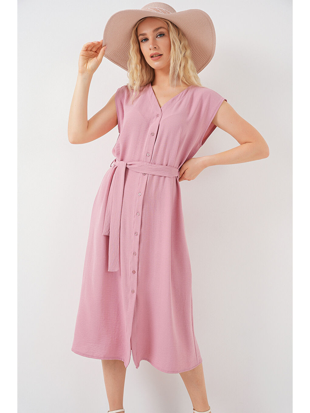 Pembe Kadın Sıfır Kol Kuşaklı Ayrobin Elbise 2568 - Pudra