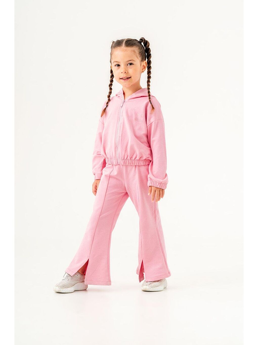 Kız Çocuk Pembe Pamuklu Ceket İspanyol Paça Tayt Alt-Üst Takım