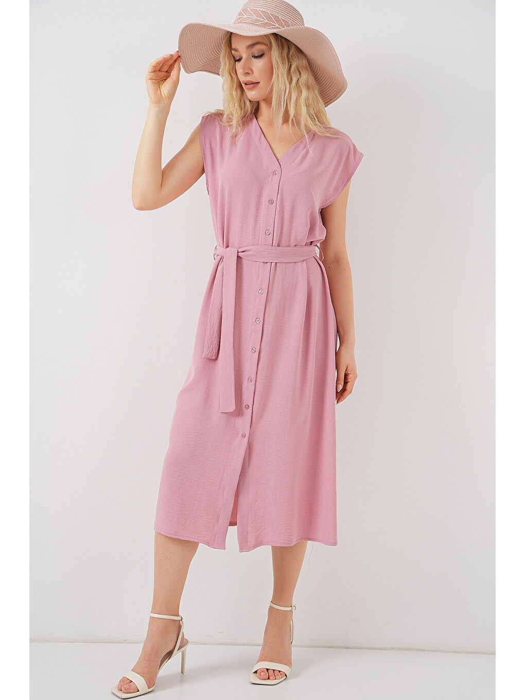 Pembe Kadın Sıfır Kol Kuşaklı Ayrobin Elbise 2568 - Pudra-1