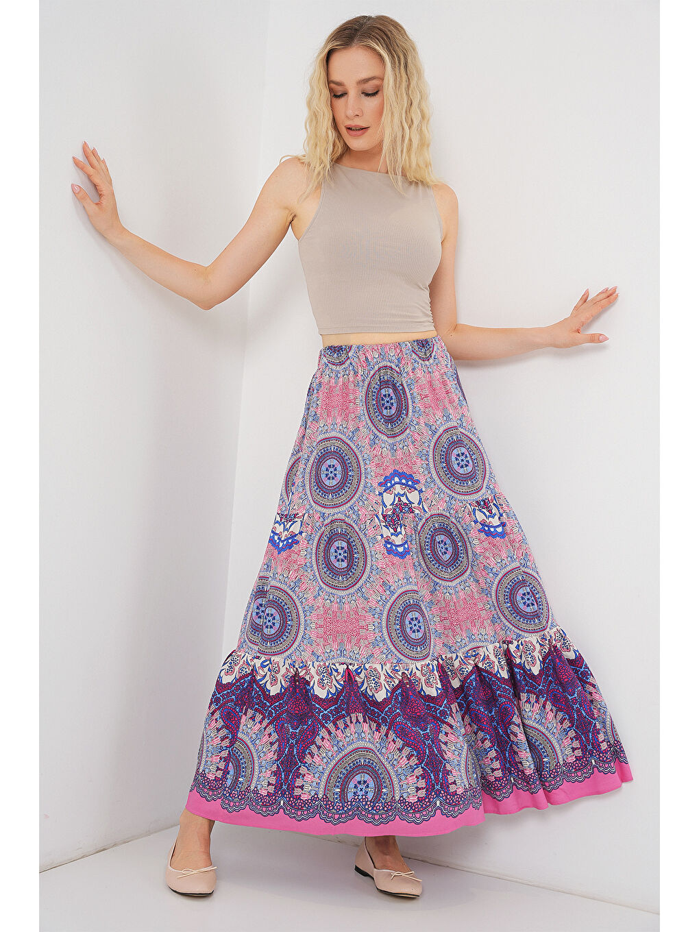 1898 Desenli Uzun Etek - Pembe