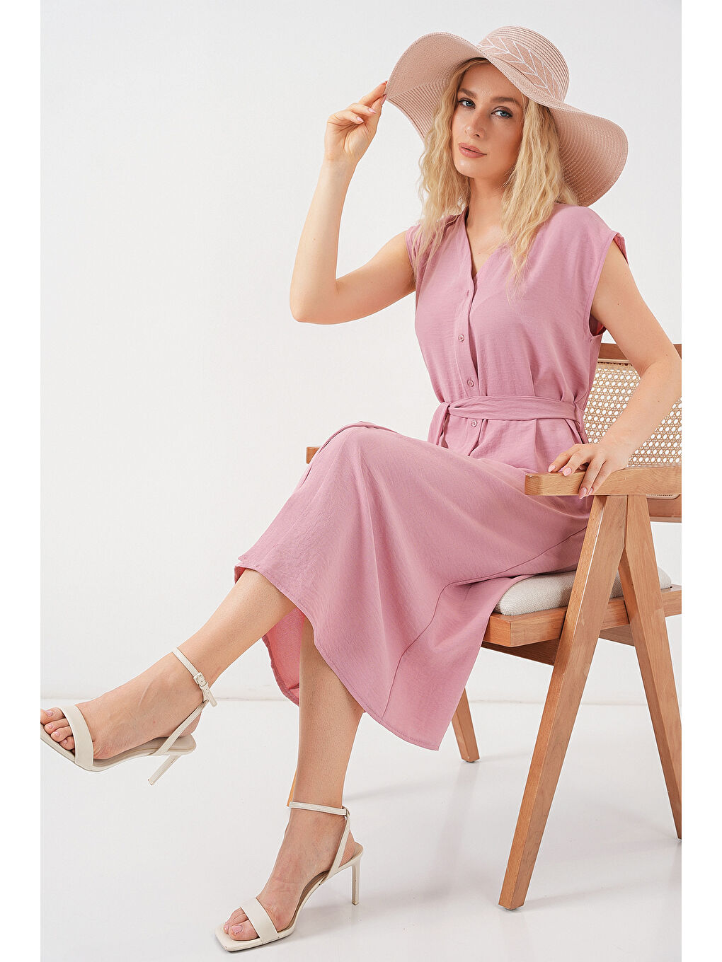 Pembe Kadın Sıfır Kol Kuşaklı Ayrobin Elbise 2568 - Pudra-2