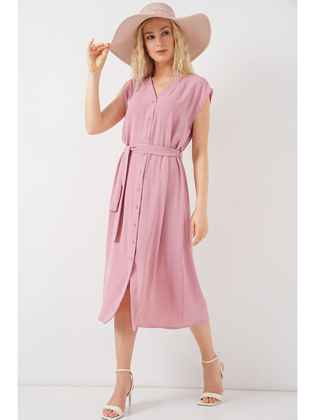 Pembe Kadın Sıfır Kol Kuşaklı Ayrobin Elbise 2568 - Pudra-3