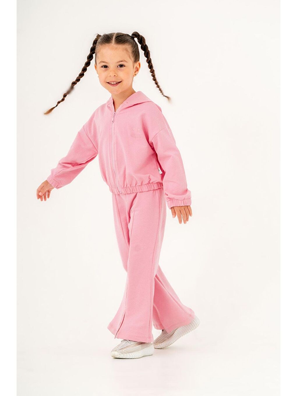 Kız Çocuk Pembe Pamuklu Ceket İspanyol Paça Tayt Alt-Üst Takım-1