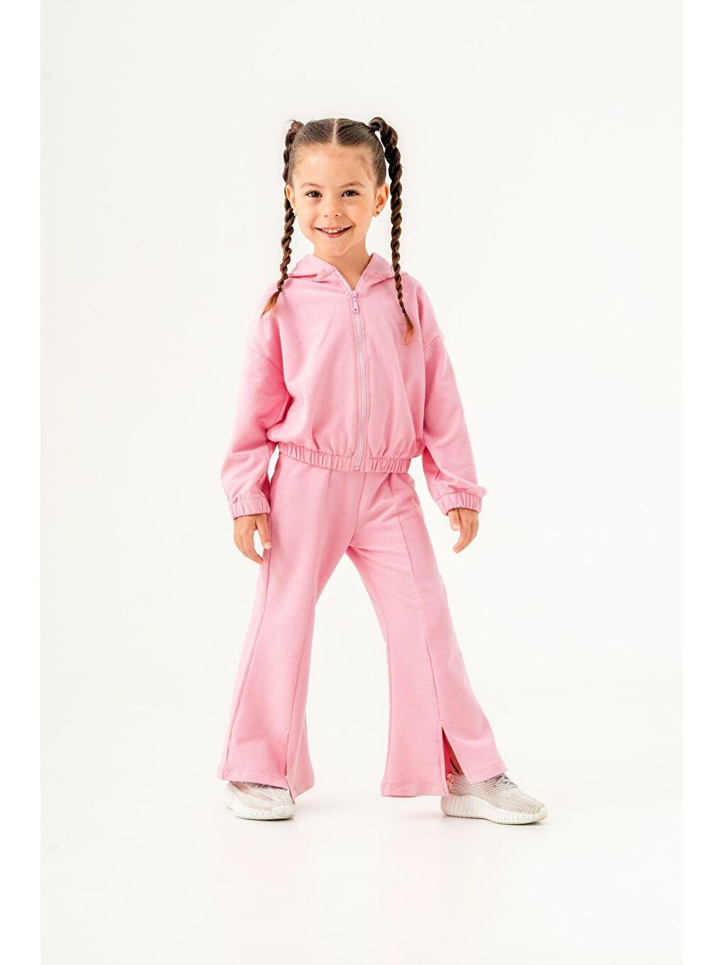 Kız Çocuk Pembe Pamuklu Ceket İspanyol Paça Tayt Alt-Üst Takım-2