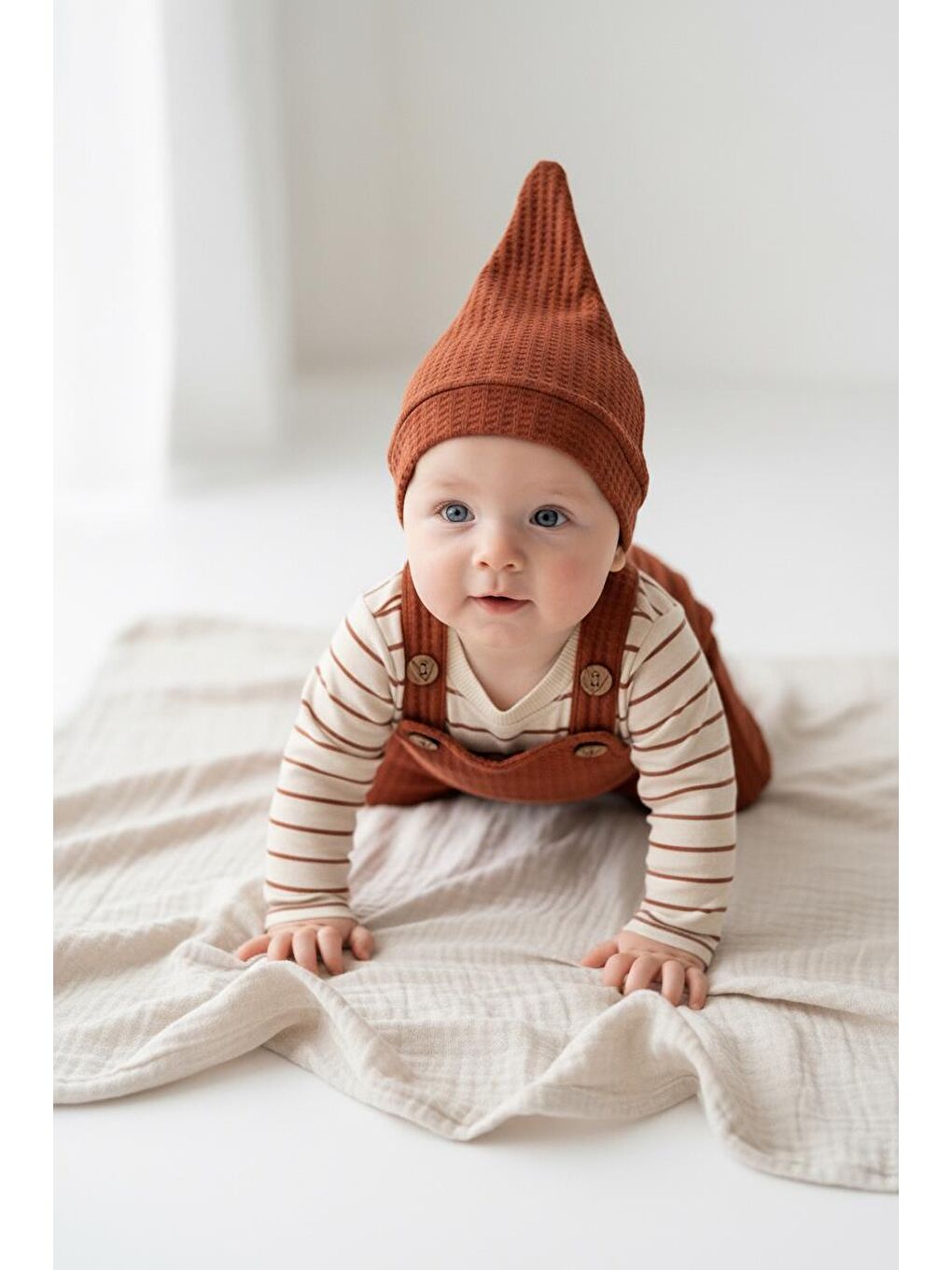 Kahverengi Elastanlı Gofre Salopet Sweat Bere 3lü Takım-2