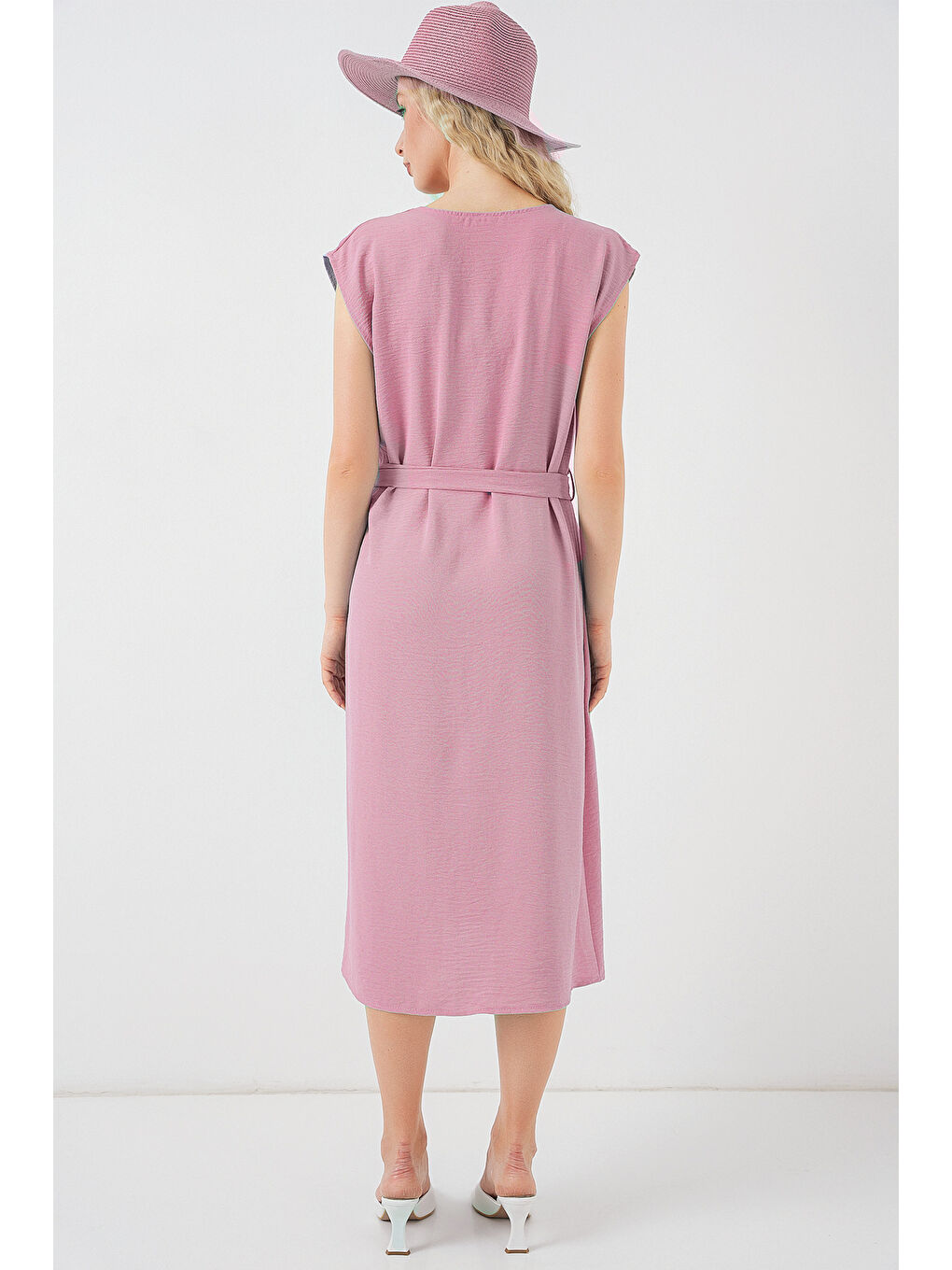Pembe Kadın Sıfır Kol Kuşaklı Ayrobin Elbise 2568 - Pudra-5