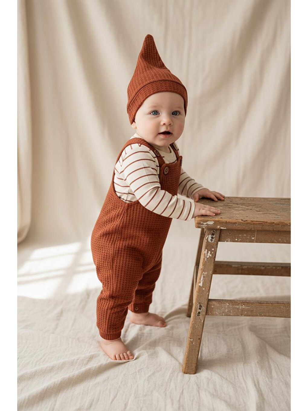 Kahverengi Elastanlı Gofre Salopet Sweat Bere 3lü Takım-3