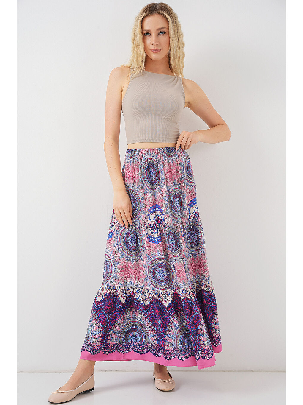 1898 Desenli Uzun Etek - Pembe-4