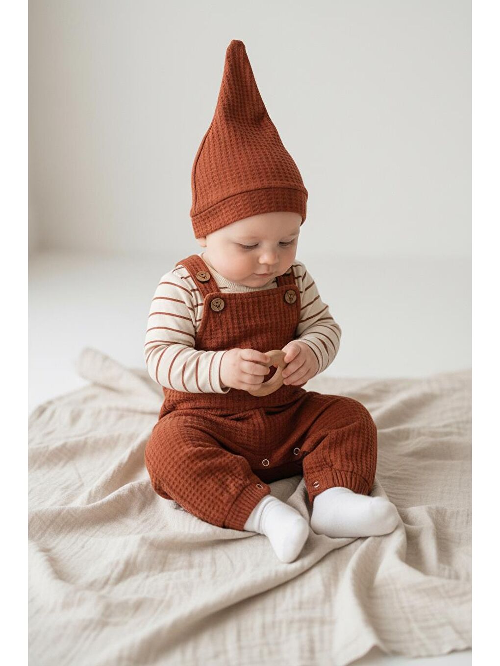 Kahverengi Elastanlı Gofre Salopet Sweat Bere 3lü Takım-4