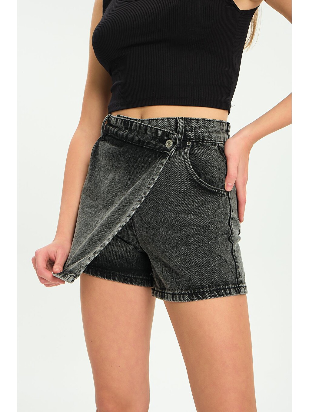 Antrasit Tek Düğme, Fermuarlı Denim Şort Jean Kadın Etek