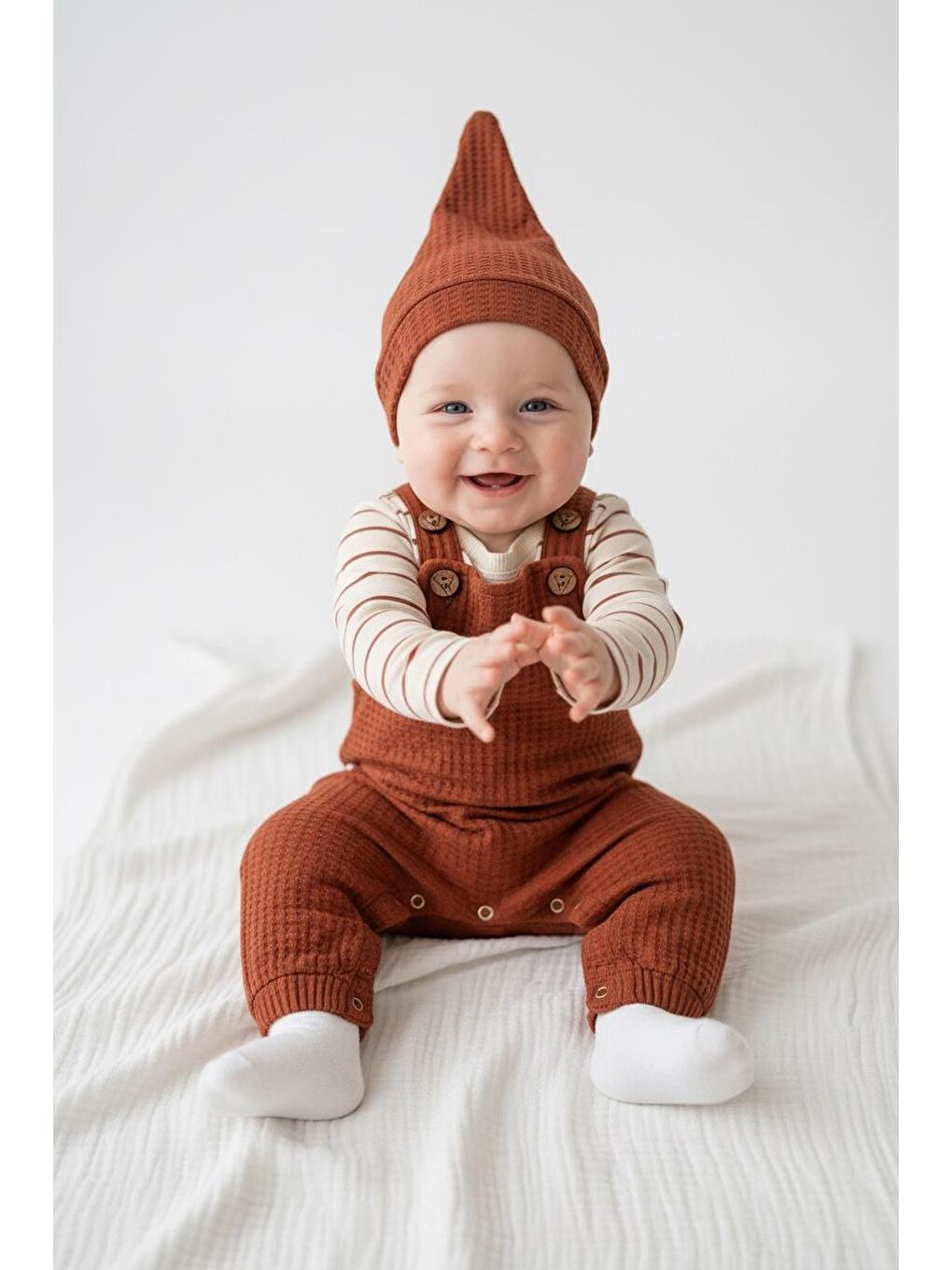 Kahverengi Elastanlı Gofre Salopet Sweat Bere 3lü Takım-5