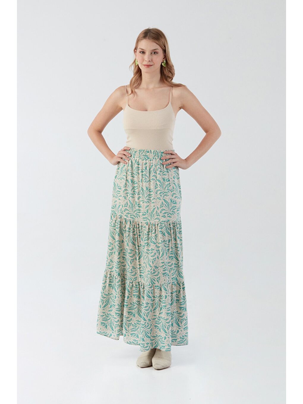 Turkuaz Desenli Beli Lastikli Etek-1