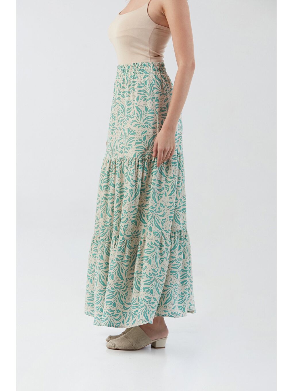 Turkuaz Desenli Beli Lastikli Etek-2