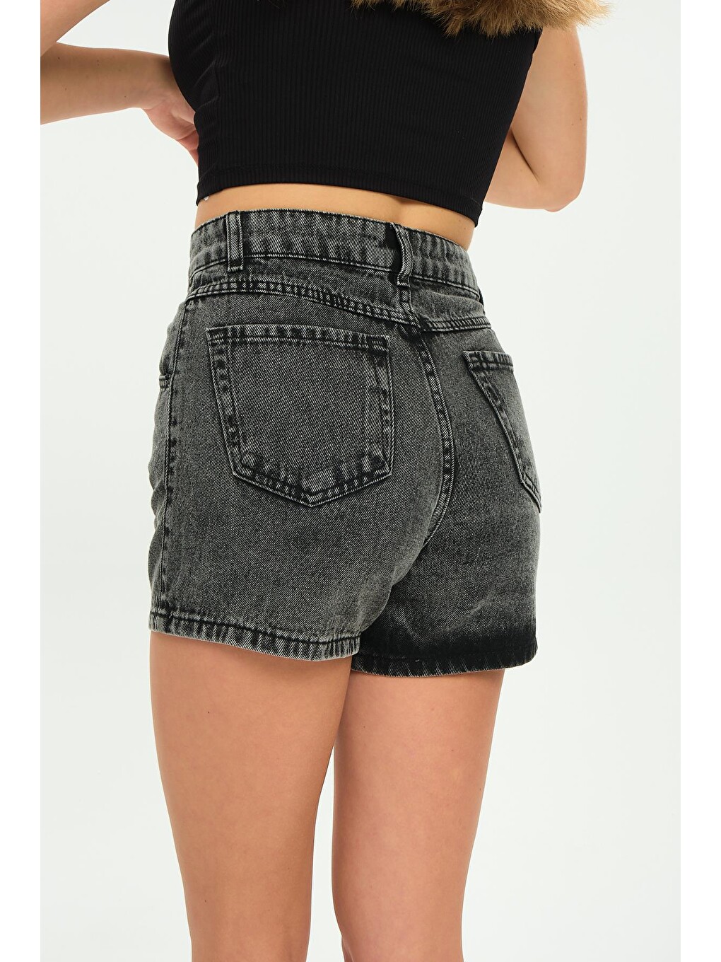 Antrasit Tek Düğme, Fermuarlı Denim Şort Jean Kadın Etek-4