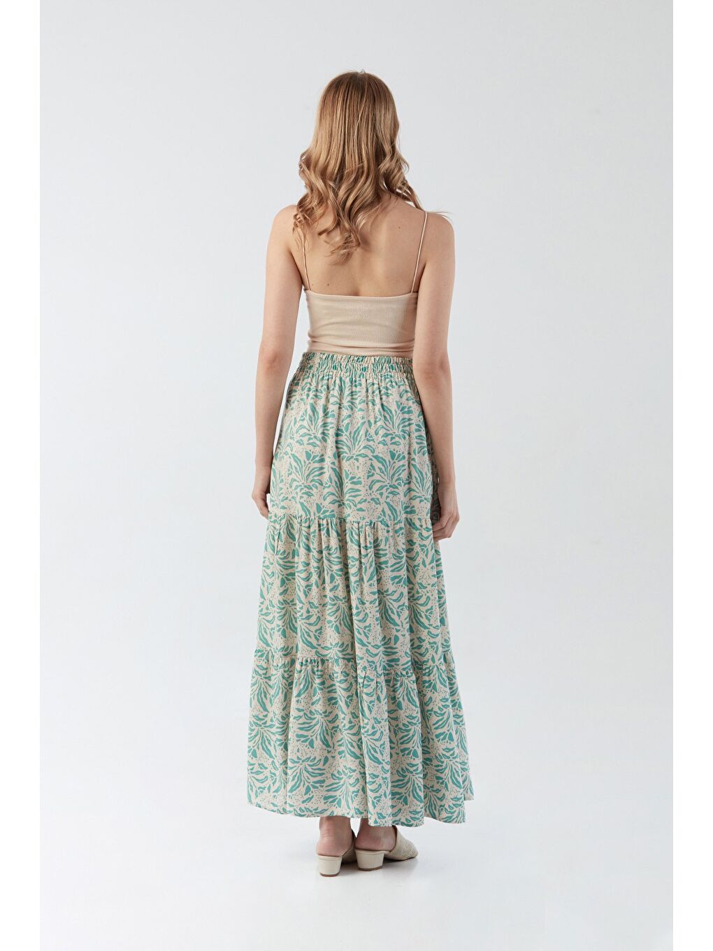 Turkuaz Desenli Beli Lastikli Etek-3